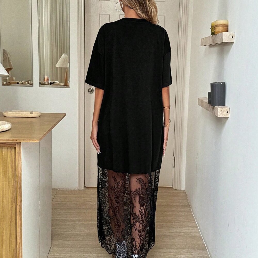 Black Casual Women's Loose Lace Elegant Crew Neck Short Sleeve Dress - Picture 2 of 6